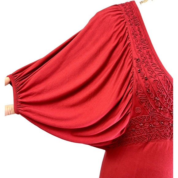 VTG Jersey Dress SHIRT PASSION ITALIA Dark Red Embroidered Bat Sleeves SZ S - Picture 5 of 14